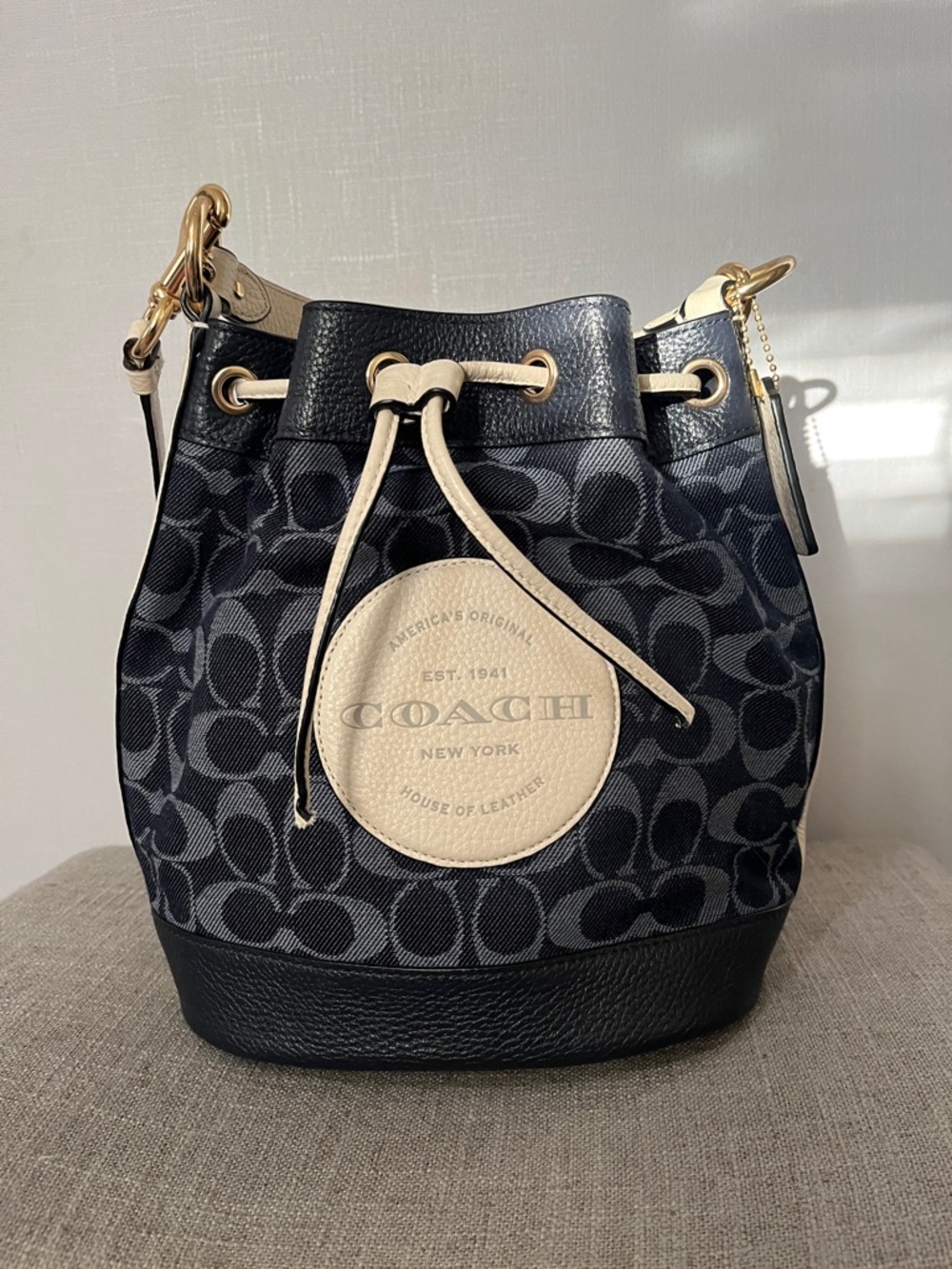 Coach Signature Monogram Bucket Bag with Chalk Trim